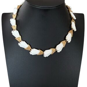 Vintage Trifari Signed White Lucite & Gold-Tone Fan Link Necklace
